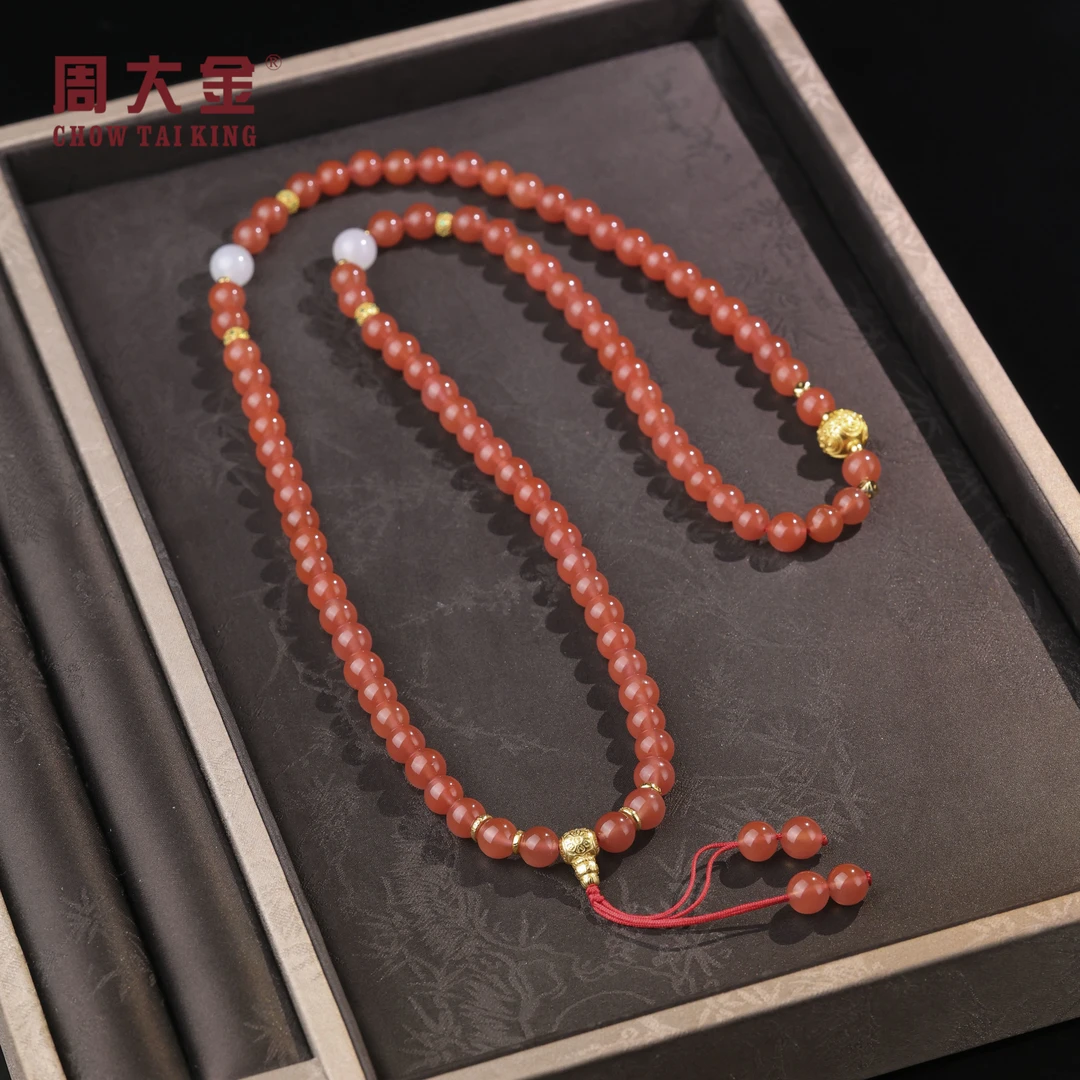 【周大金玉石】s925银南红圆珠项链-X3618-鹤