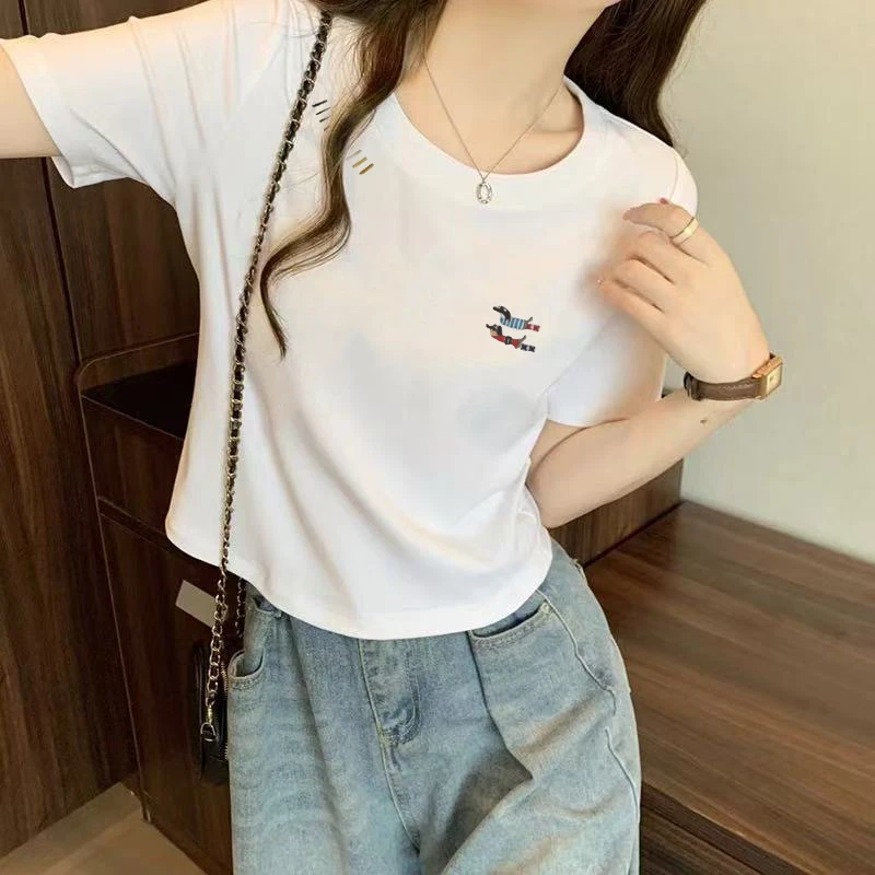 胖妹妹刺绣圆领重工t恤2025春夏新款大码女遮肚显瘦短袖上衣