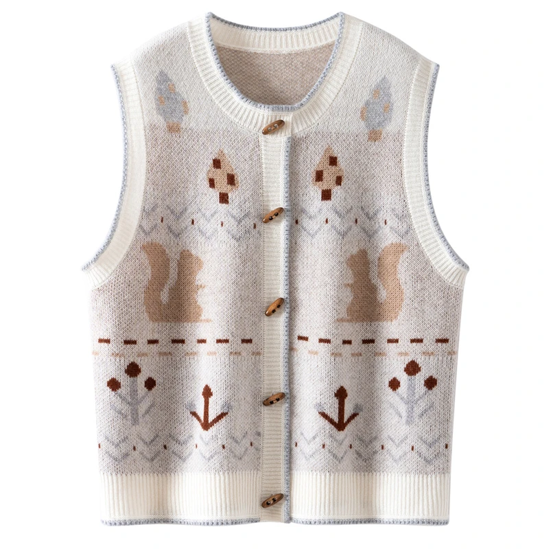 秋冬季无袖套头时尚宽松女马夹毛衣提花针织衫加厚百搭羊绒马甲