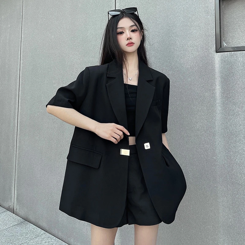 黑色西装女外套夏2025新款短袖薄款设计感后开叉酷飒拽姐西服上衣
