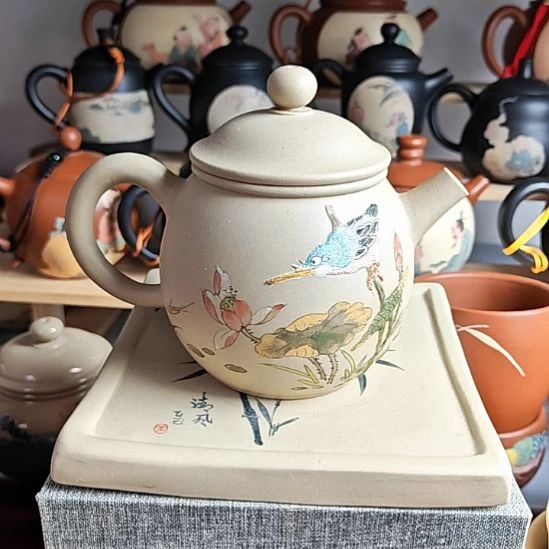 建水紫陶堆雕刻绘茶壶复烧微瑕142号220cc