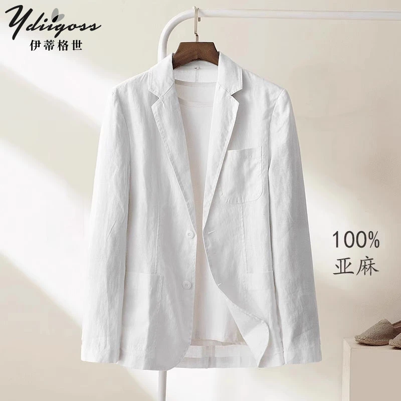YDIIGOSS纯亚麻商务西装男夏季薄款高端休闲单西外套白色简约上衣