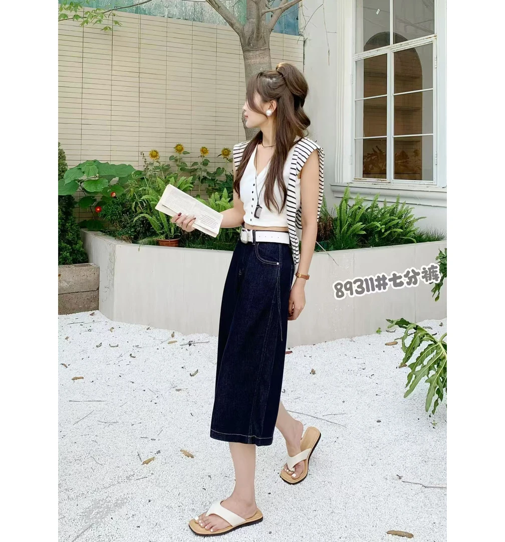 黑金普洗蓝弹力七分裤弯刀裤直筒裤宽松阔腿裤牛仔裤女夏季89311