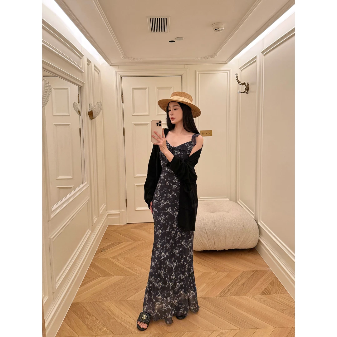 周淼ZHOUMIAO法式碎花修身鱼尾连衣裙优雅气质吊带裙女ZM25L0232C