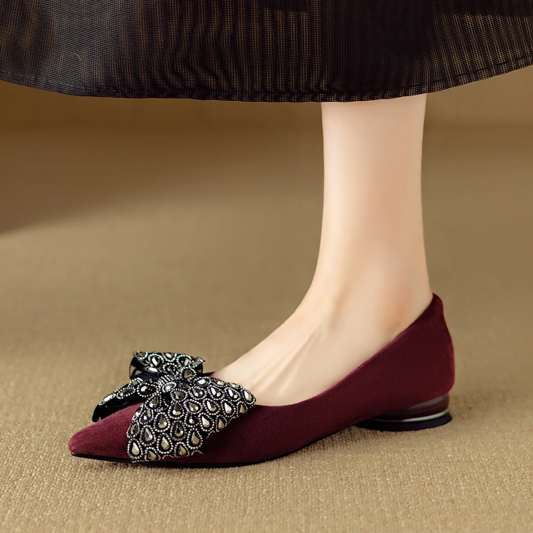 法式复古羊反绒面浅口单鞋女尖头2025新款蝴蝶结瓢鞋粗低跟女鞋子