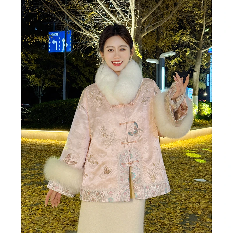 果果家 新中式国风圆领2024女冬时尚刺绣盘扣新款设计感外套