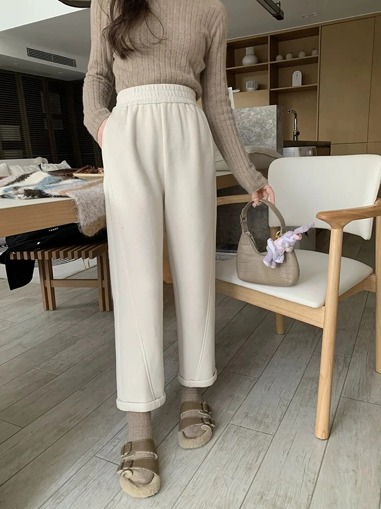 秋冬加绒新款阔腿裤高腰毛呢萝卜裤宽松弯刀长裤子1303