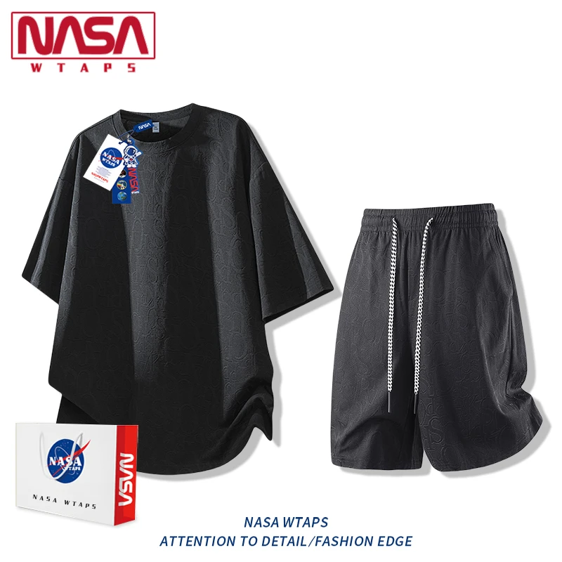 NASA WTAPS字母提花冰丝短袖T恤套装男款夏季新款短袖短裤两件套