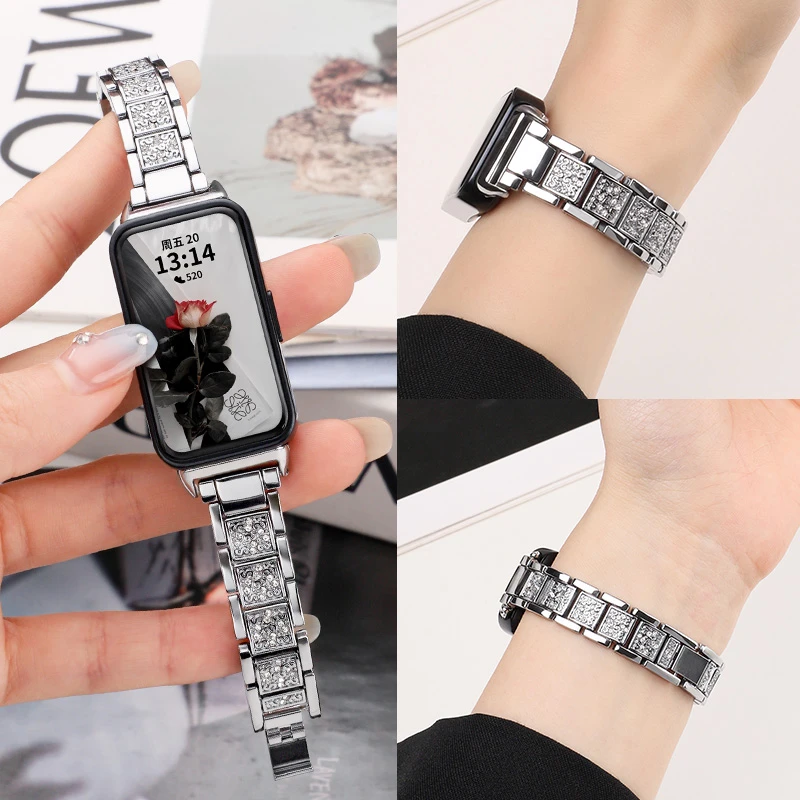 适用华为手环10表带女款手环9/8金属满钻三株链擎云HA580时尚高级