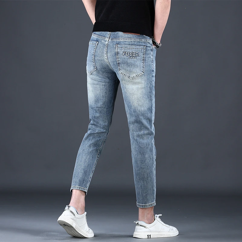 男士牛仔裤2025新款修身小脚百搭浅色休闲潮牌弹力男士九分裤爆款