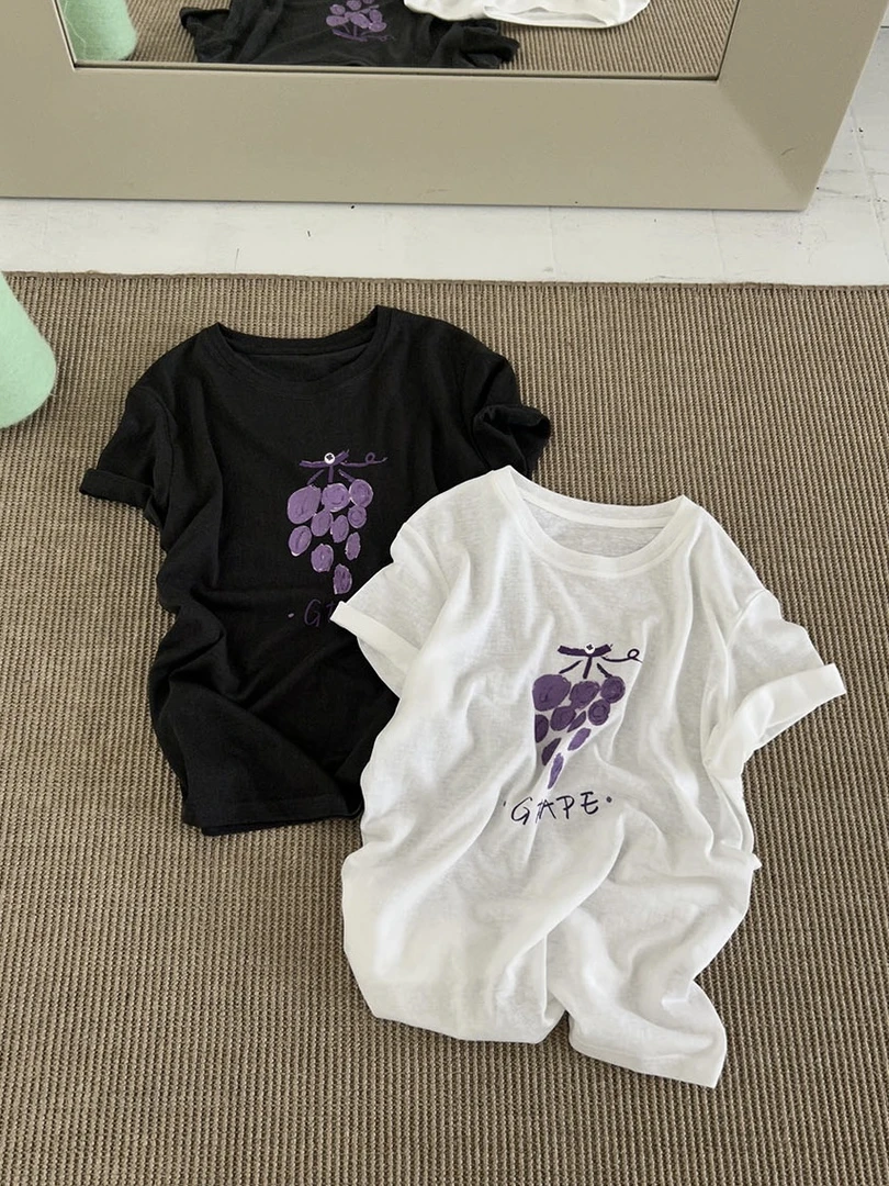 4218号#99113#百搭圆领印花葡萄休闲宽松短袖