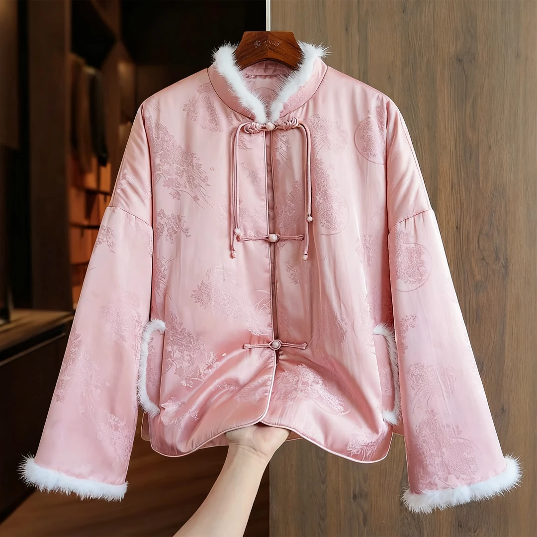 冬款棉服【雪映桃花】桑蚕丝醋酸水貂毛中式夹棉外套HF-4288