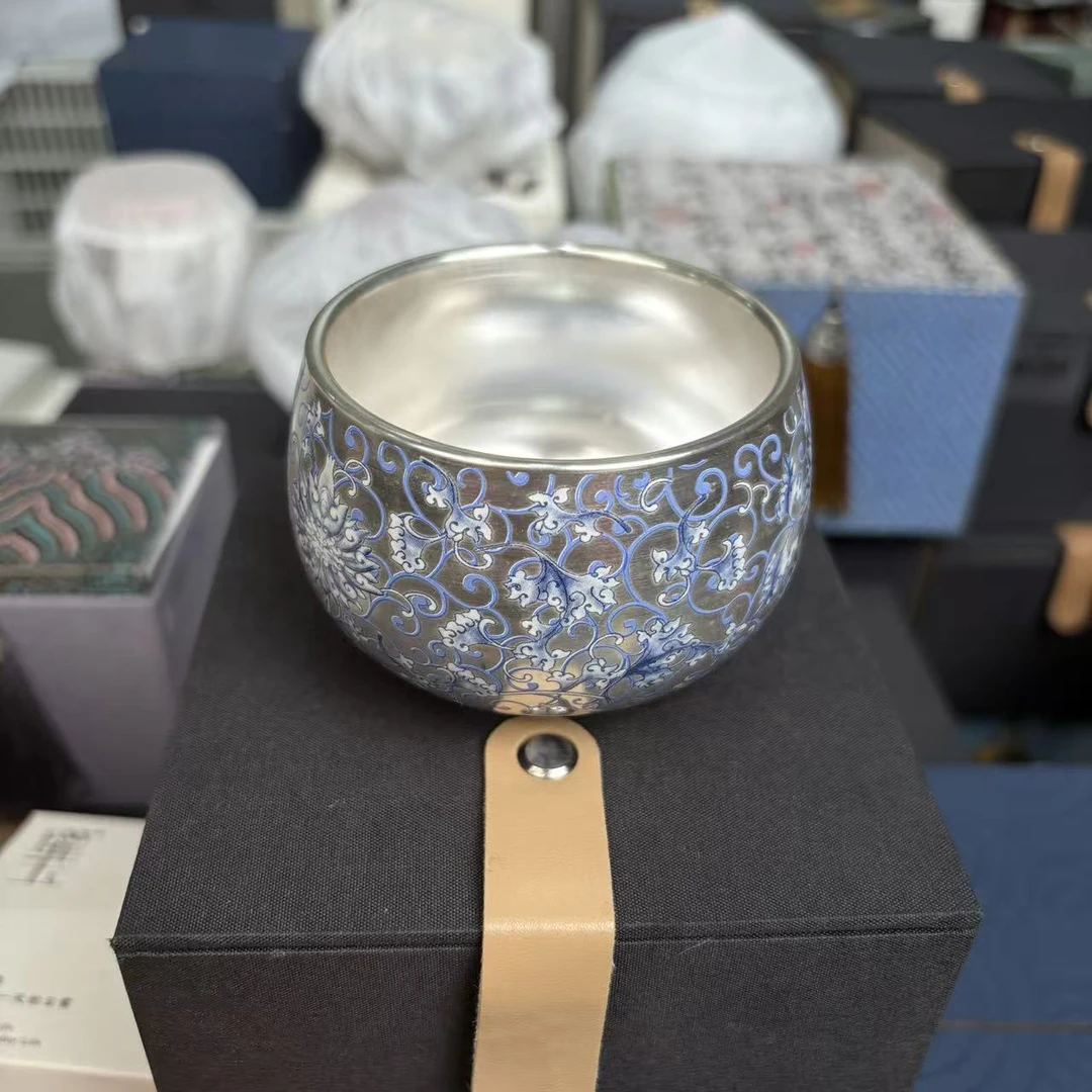 周鸿杰鎏银青花缠枝莲主人杯 3008+3009