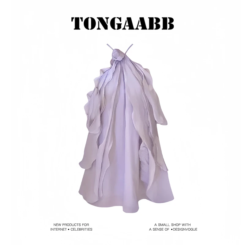 TONGAABB“公主日记”紫色挂颈洋装立体花朵露肩气质短裙女