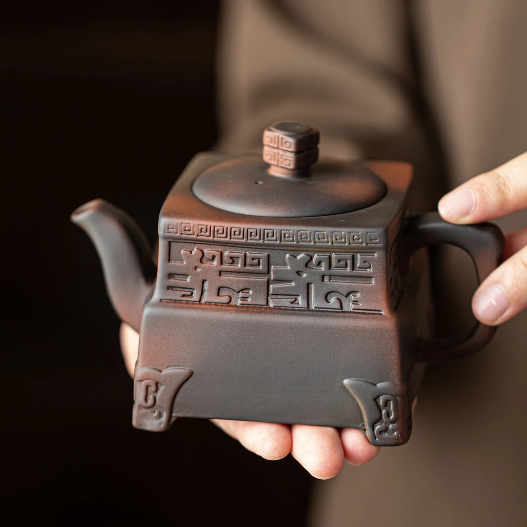 紫陶浮雕四方鼎凤鸣壶家用高档手工大容量泡茶壶宜兴紫砂功夫茶具