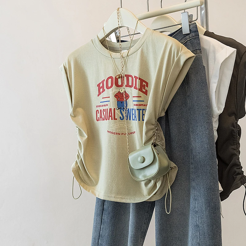 yoewshean/羽媗大码胖mm褶皱飞飞袖短袖T恤夏季修身显瘦欧货上衣