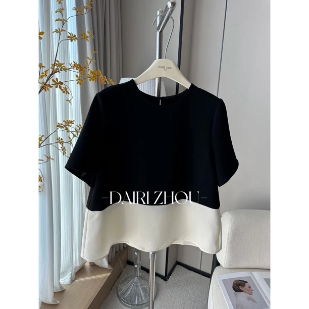 DAIRI  ZHOU▪️委屈的表情   100醋酸麻黑白拼圆领T恤简约百搭显瘦