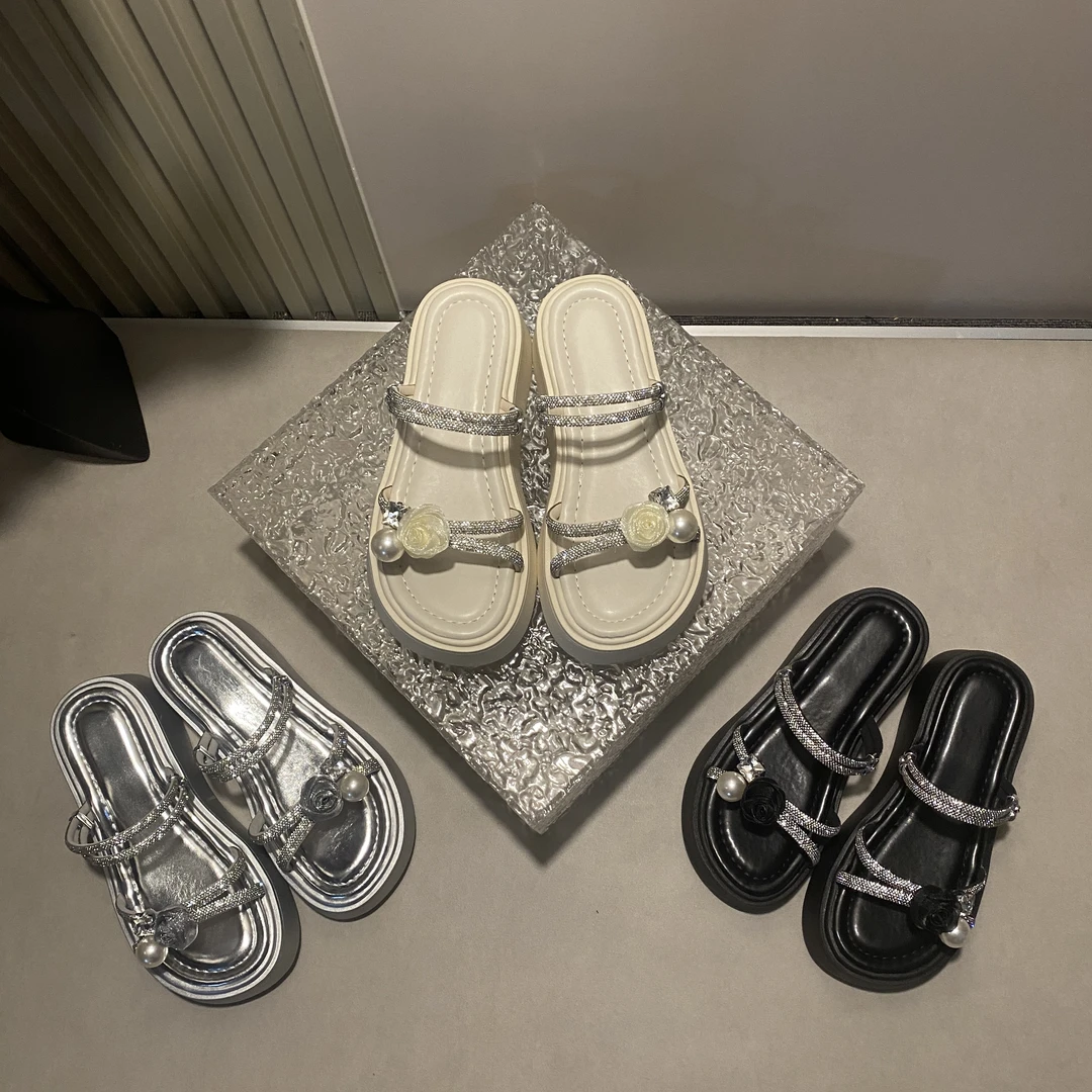 2025夏季新款小花朵珍珠亮闪闪水钻简约百搭气质外穿舒适拖鞋-5CM