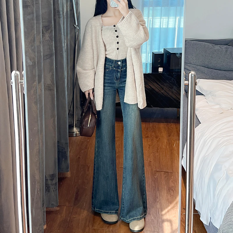 小个子重工铆钉微喇叭高腰牛仔裤女2025年夏季薄款弹力宽松百搭