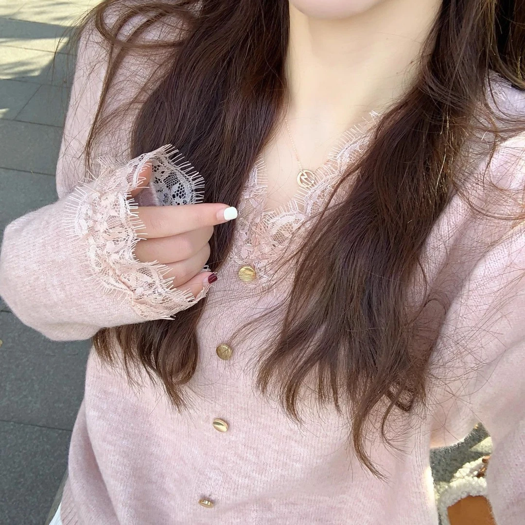 辣妹性感V领蕾丝针织毛衣独特性感纯欲风宽松百搭气质打底衫上衣