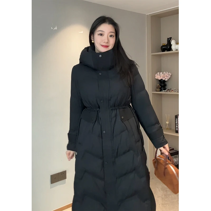 法式收腰显瘦90白鸭绒羽绒服女冬连帽加厚保暖气质中长款黑色外套