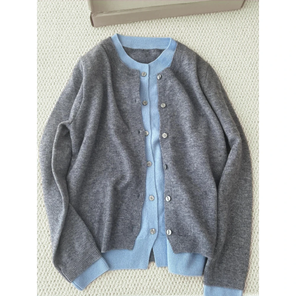 气质款强货！自留！糯软灰色假两件洋气针织衫女外套薄款上衣开衫秋