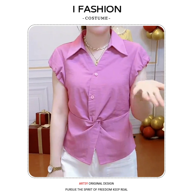 扭结收腰显瘦短袖衬衫女2026年夏季小个子休闲时尚减龄百搭上衣潮