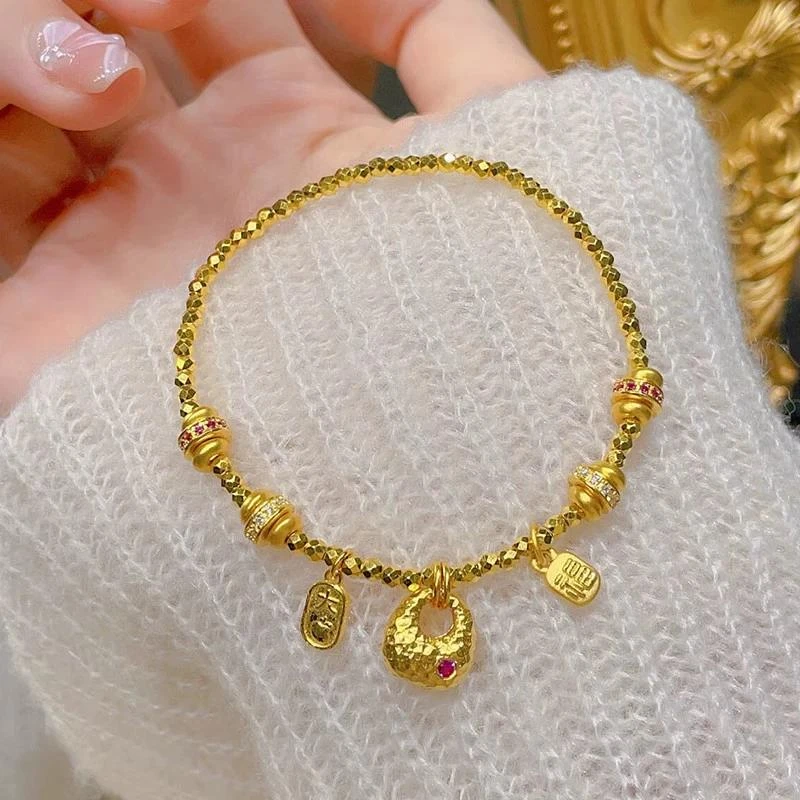 铜合金手链 多宝点钻手链女复古气质福牌爆闪蹦迪珠坨坨吊坠手串