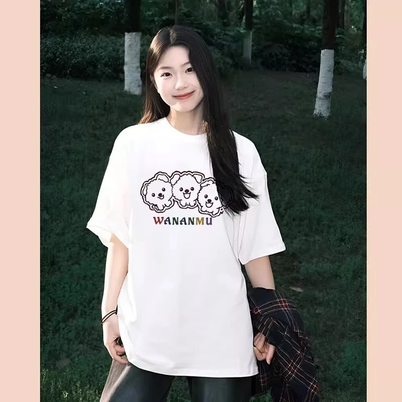 胖mm300斤白色短袖t恤女2025新款夏季可爱小狗宽松小众设计感上衣