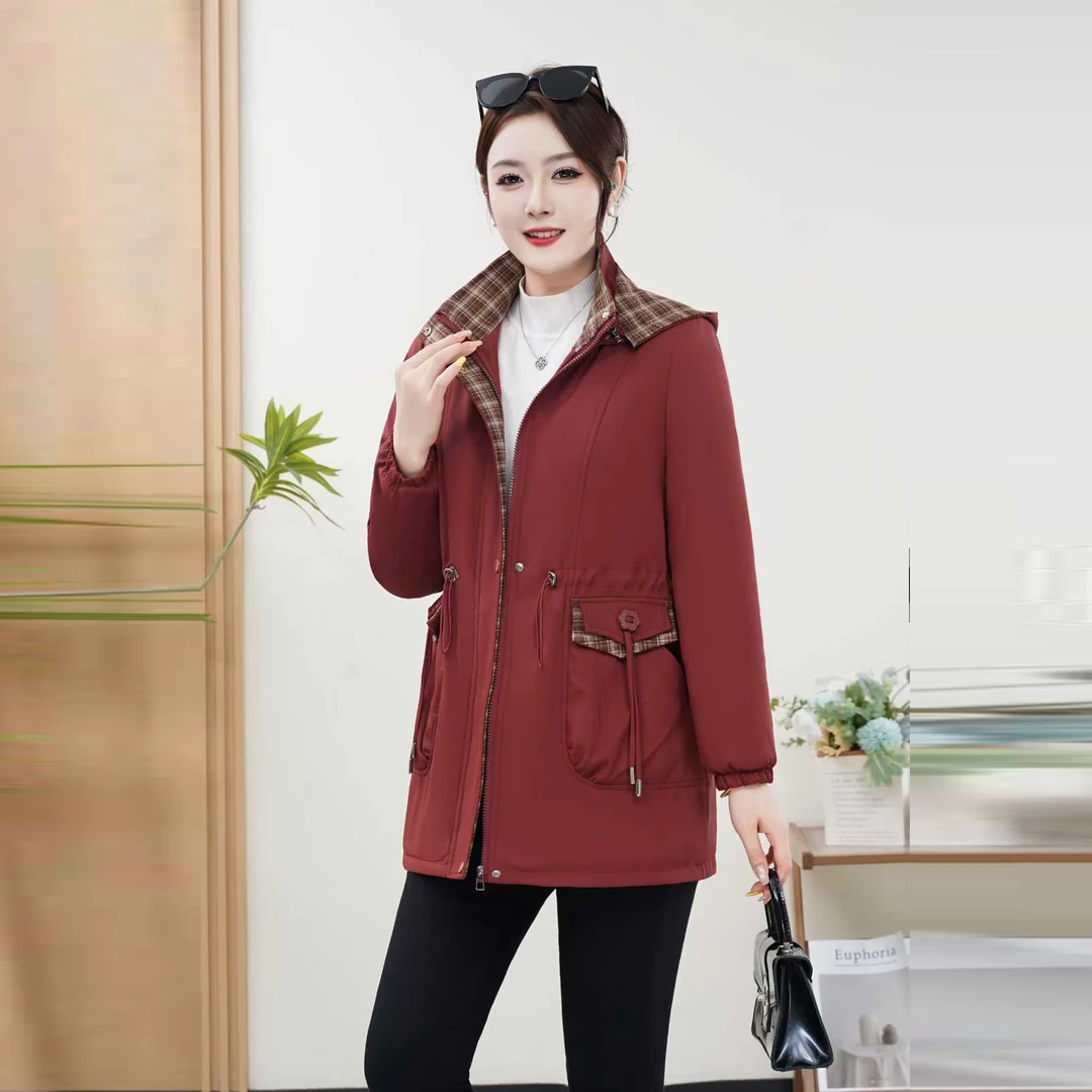 中老年女装外套妈妈装休闲风连帽中长宽加绒加厚冬季保暖棉服外套