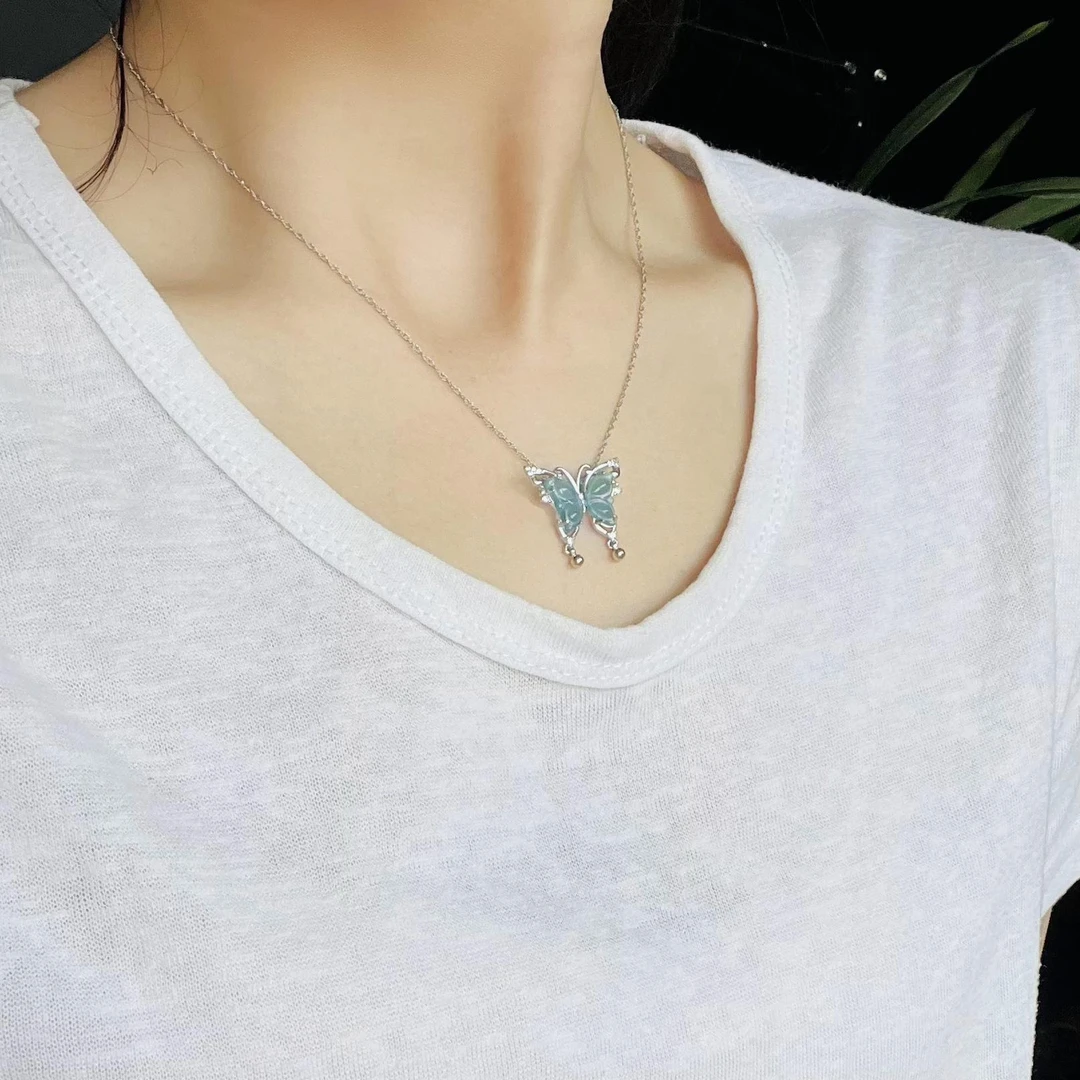 F087天然翡翠小蝴蝶S925银镶嵌吊坠(无链子)仙气国风时尚百搭坠链