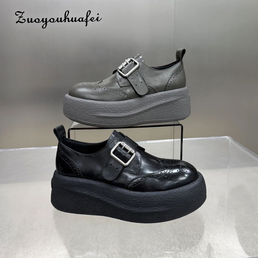 【左右华菲】6.5英伦风真皮厚底乐福鞋2026春季新款舒适复古布洛克