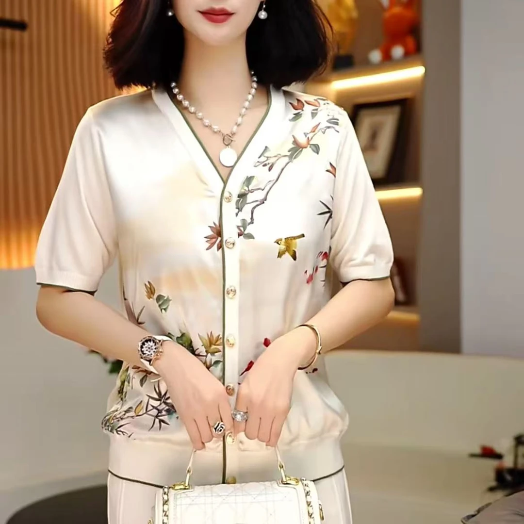 2025新品桑蚕丝印花休闲V领时尚通勤女士打底短袖-新白4