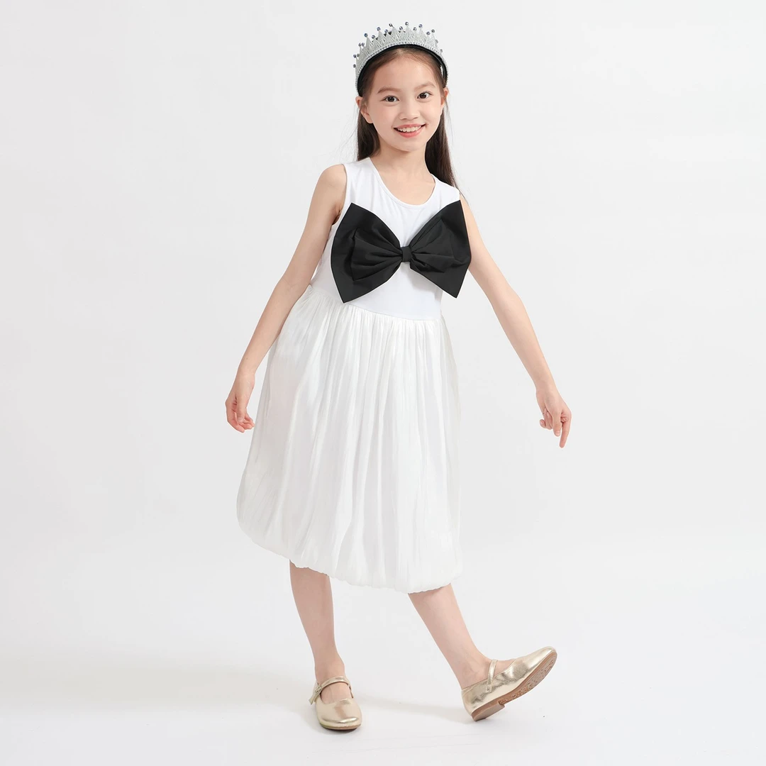 muakids童装女童蝴蝶结小礼服裙 2025夏季银白色连衣裙无袖裙子