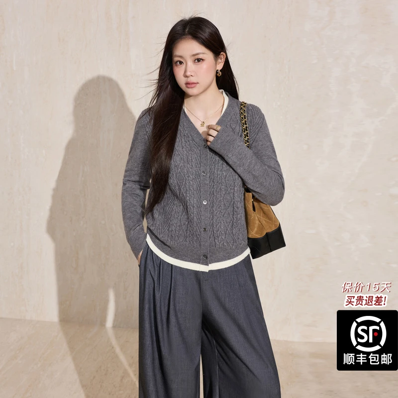 蓝语大码女装灰色绞花长袖针织开衫2025秋冬新款气质麻花V领毛衣