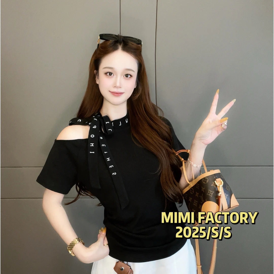 2025字母印花镂空系带领气质短袖黑色不规则t恤显瘦百搭短款5644#