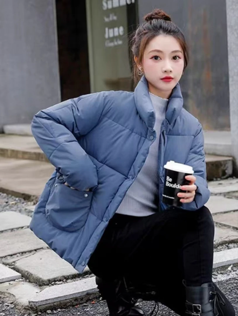 纯色立领小棉袄女短款冬季简约宽松洋气棉袄百搭休闲简约优雅可可