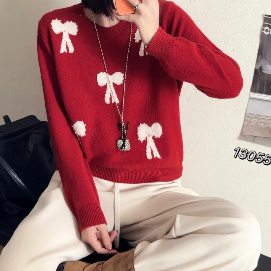 秋冬宽松圆领蝴蝶结针织毛衣时尚百搭显瘦上衣