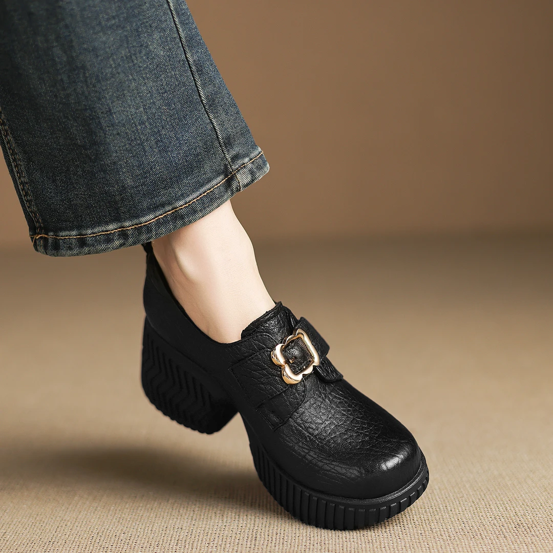 小个子手工女鞋8cm~复古风圆头厚底小皮鞋简约百搭深口通勤单鞋女