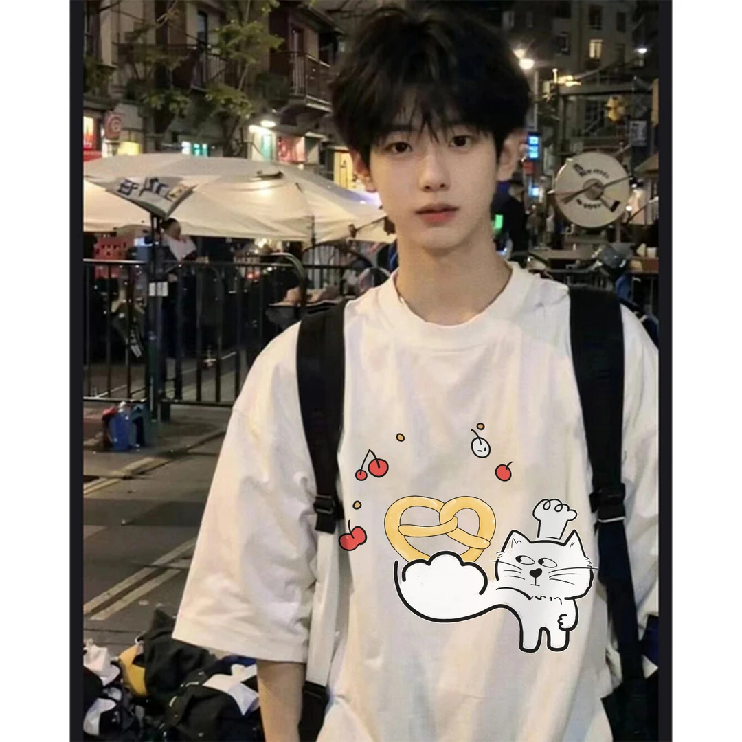 100%纯棉美式个性设计感厨师猫印花短袖T恤男女夏季休闲情侣上衣
