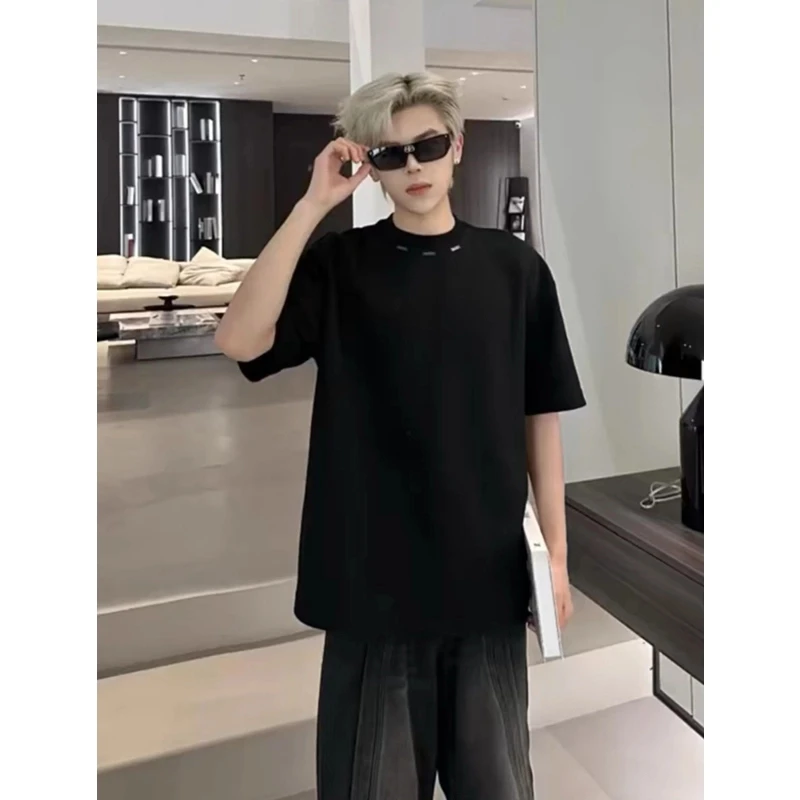 美式cleanfit重磅圆领短袖男夏季金属装饰设计感t恤hiphop半截袖