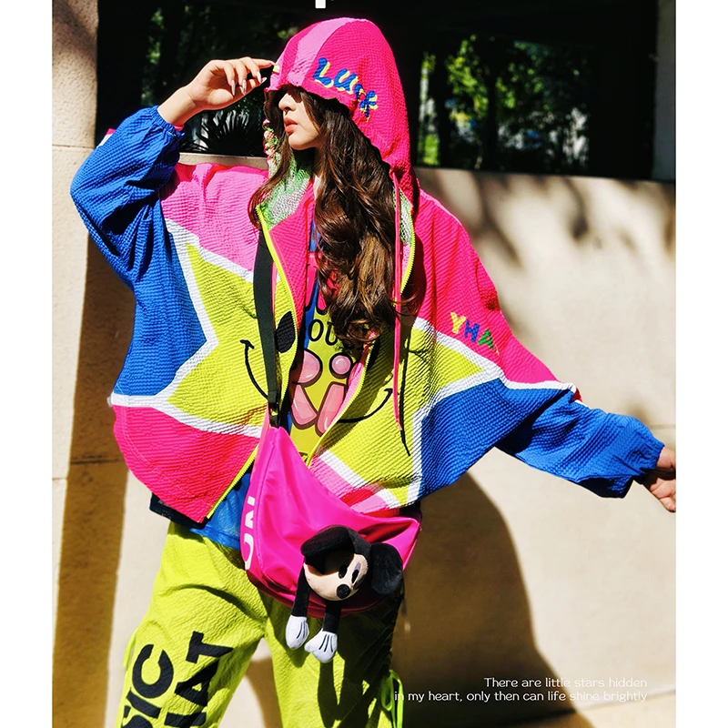 玫红宝蓝撞色休闲外套秋季五星笑脸潮牌连帽宽松夹克防晒衫HYC305
