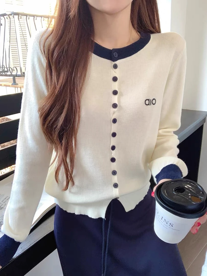 韩系氛围感早秋穿搭2025新款显瘦针织开衫女宽松拼色毛衣2521