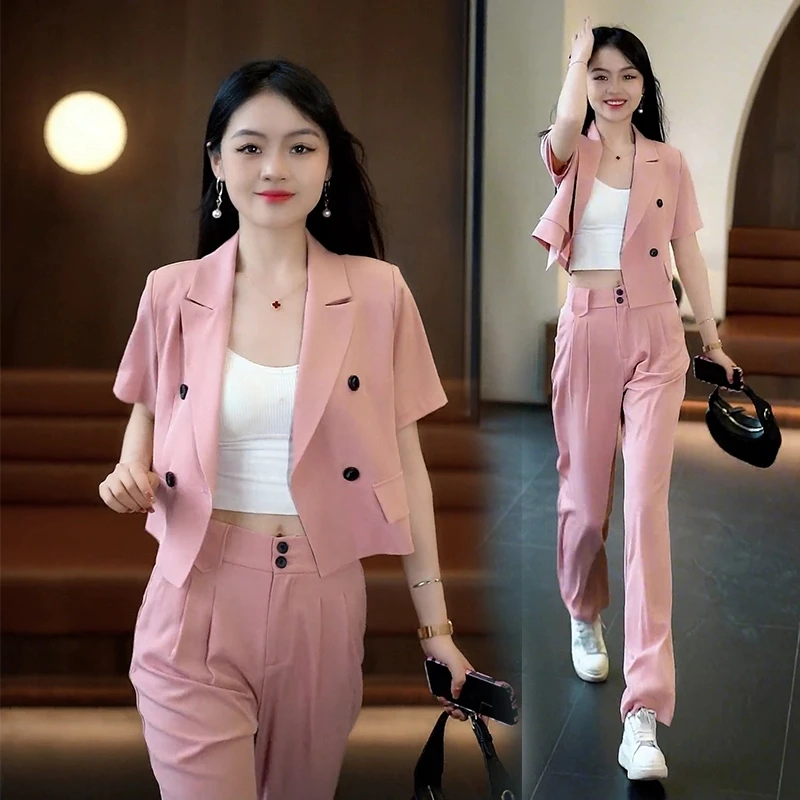 小个子短袖小西装时尚套装女夏季洋气减龄西服短外套阔腿裤两件套