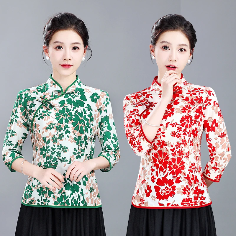 妈妈夏季新款改良版旗袍小上衣中国风修身显瘦唐装小衫