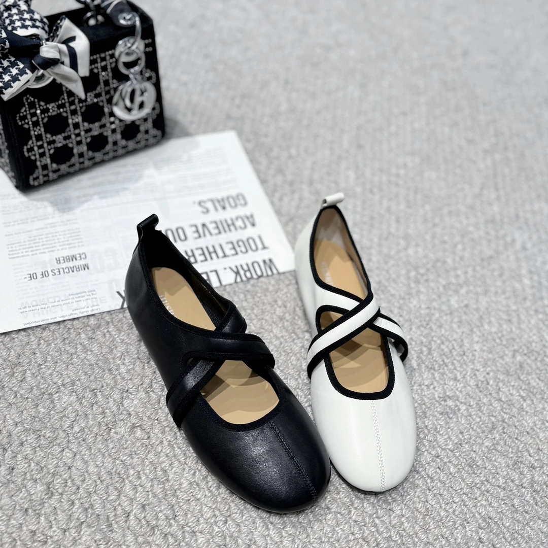 欧洲站鞋2025春季新款交叉带平底芭蕾舞鞋真皮复古浅口单鞋