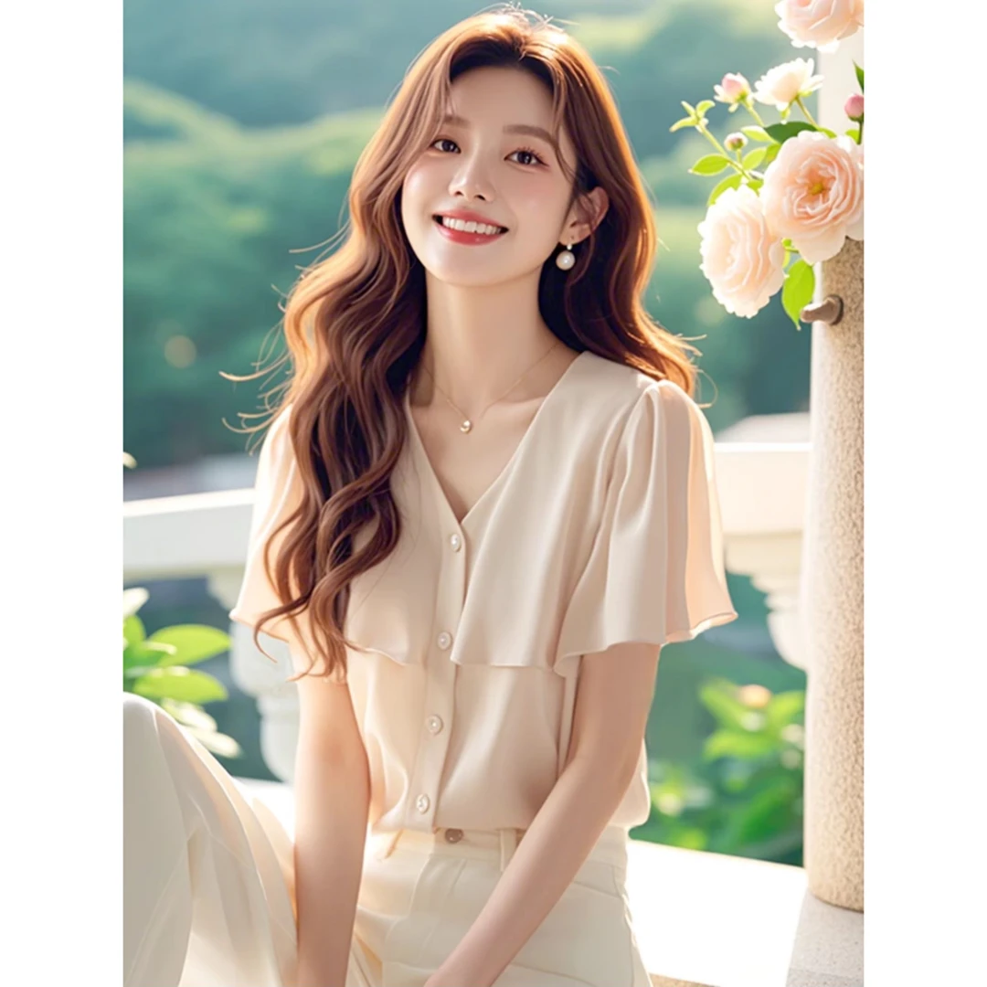 法式独特绝美小上衣荷叶边设计感米白色v领短袖雪纺衬衫女士夏款