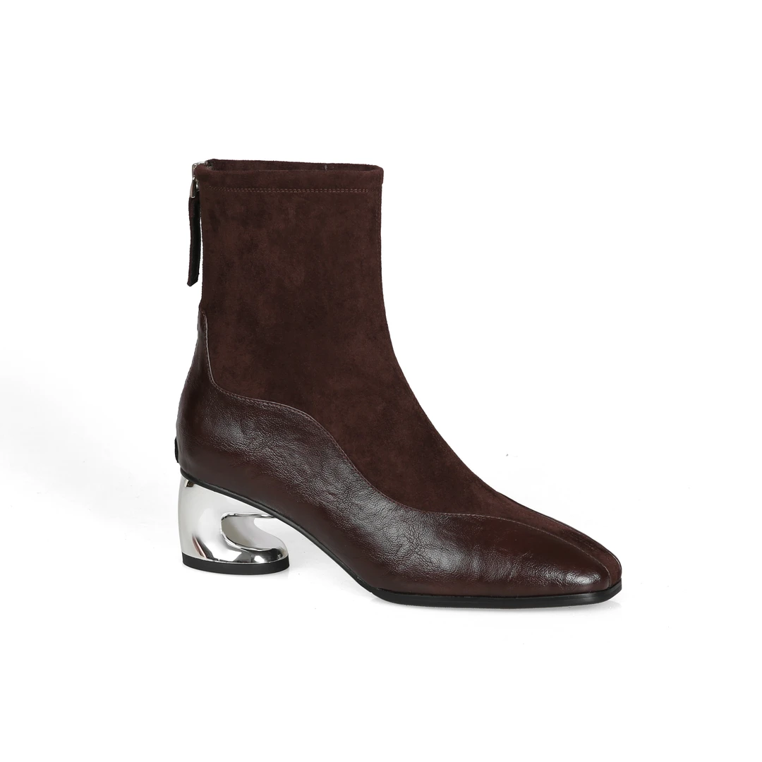 A2024秋冬新款手工定制方头粗跟中跟时尚百搭拼接女士时装短靴348