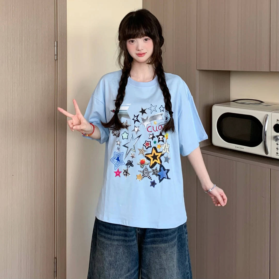 EZEK美式街头涂鸦风上衣T恤短袖夏季新款星星印花2025百搭潮流