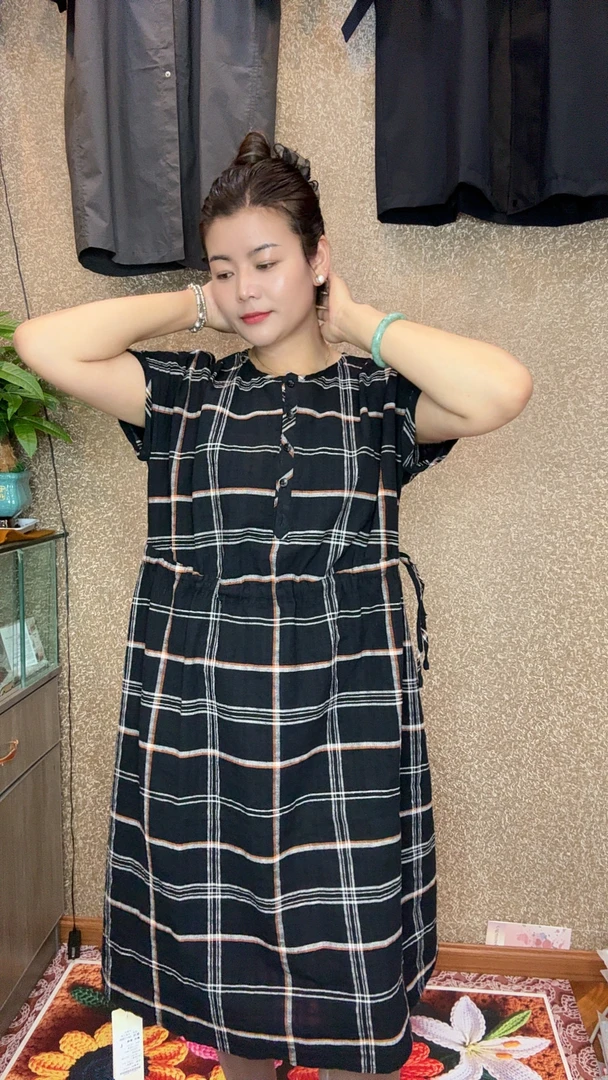 夏季新款减龄透气宽松格子桑蚕丝连衣裙